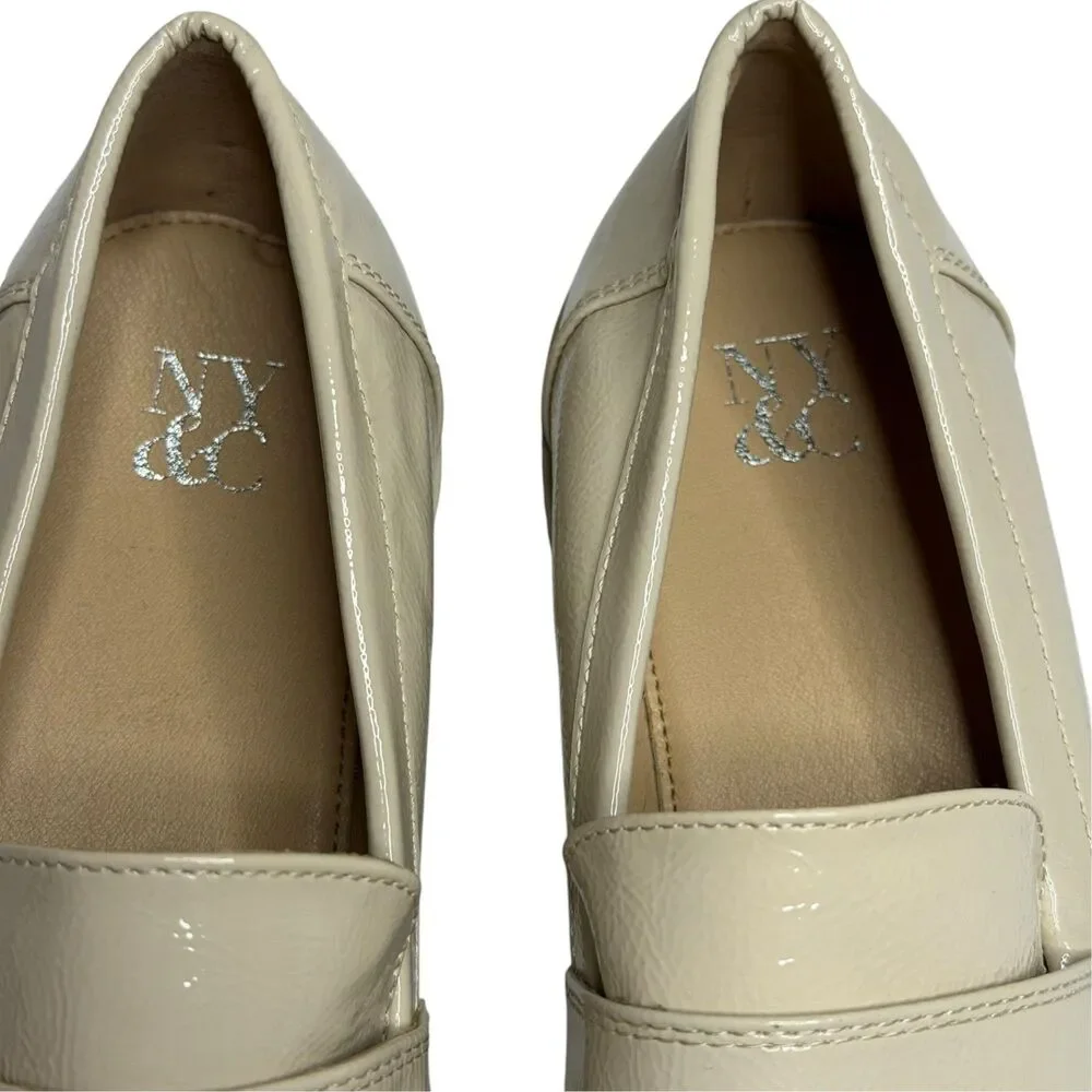 New York & Co Halle Lug Sole Loafer Shoe Faux Patent Leather Women Beige 10 NWOT